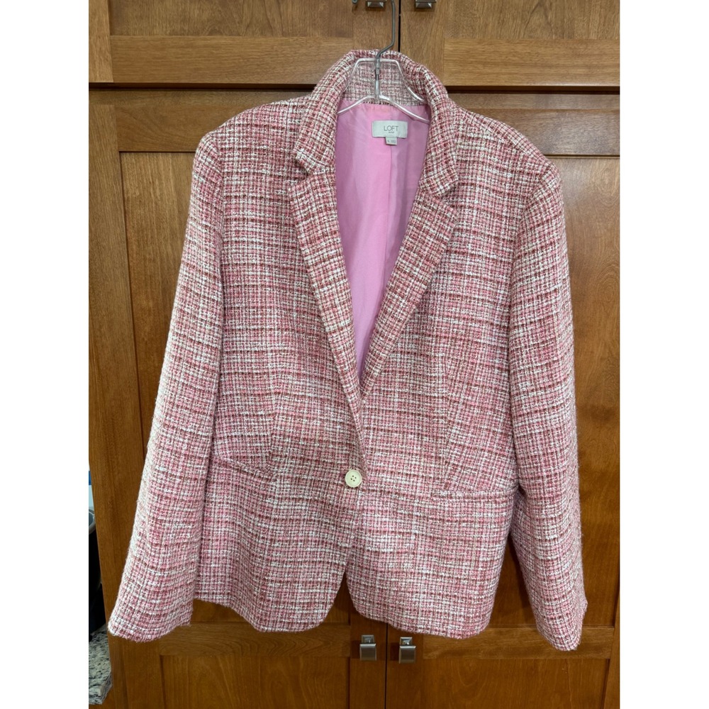 LOFT Outlet Pink Tweed Blazer Women's 16 Single Button Open Front Jacket